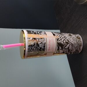 🍍 Lilly Pulitzer Gold & White Tumbler with Pink Straw. Safari Sangria Gold 24oz